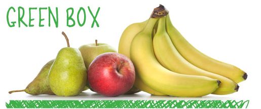 Die Früchtebox enthält Äpfel, Birnen und Bananen.