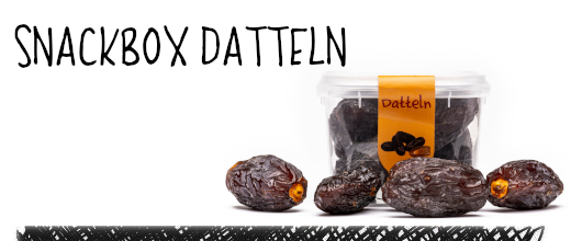 The snackbox with meaty Medjool dates. From Israel, sulphur-free and naturally contains sugar.

Average nutritional values for 100g:
Energy 1159 kJ (277 kcal), protein 1.8g, carbohydrates 75g and of which sugar 6.6g, fat 0.2g, protein 2g, salt 0g.