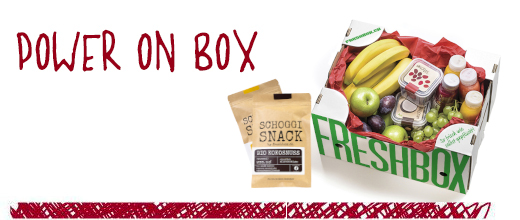 Die perfekte Früchtebox-Mischung aus frischen Früchten, Snackboxen, Schoggi Snack und Säften.
