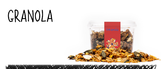 Our granola is homemade with the noble nut mix and we use the finest blossom honey, organic spelt flakes & organic coconut oil. 